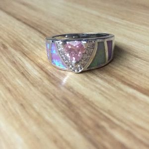 Pink crystal and faux opal  band ring size 7